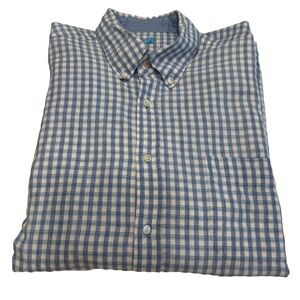 J McLaughlin Mens Button Up Shirt Linen Blend Blue White Checks Sz XL